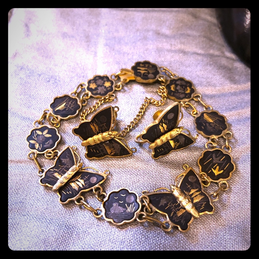Antique oriental butterfly bracelet and earrings